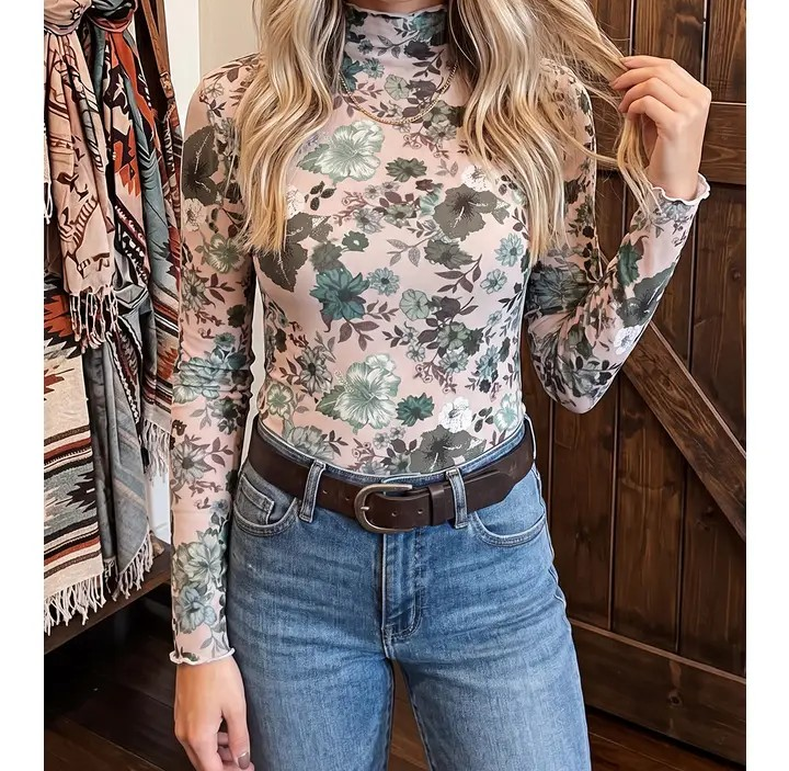 Mesh Top - Large Floral Print - Green
