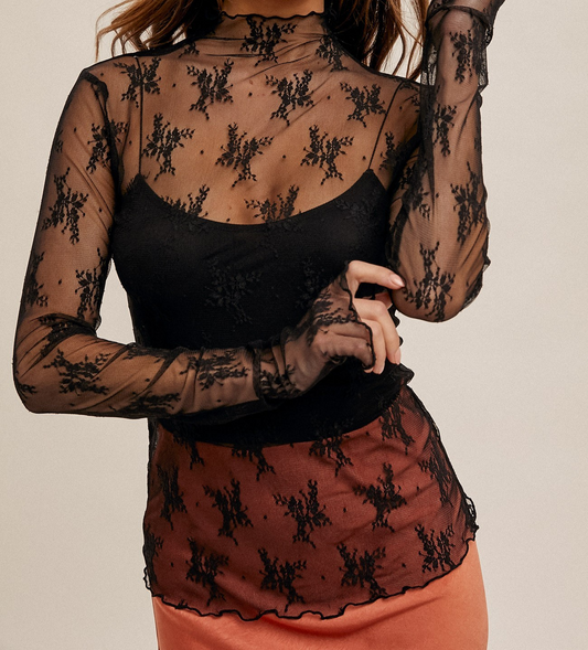 Mock Neck Mesh Top - Black