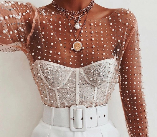 Pearl Mesh Top - Nude