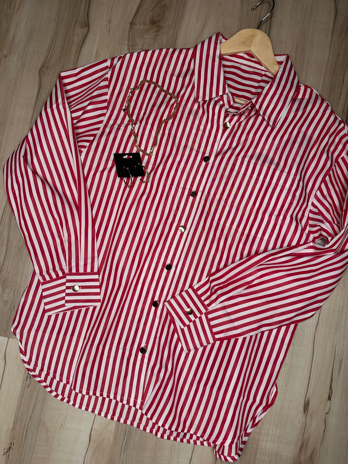 Oversized Button Down Shirt - Red Stripe