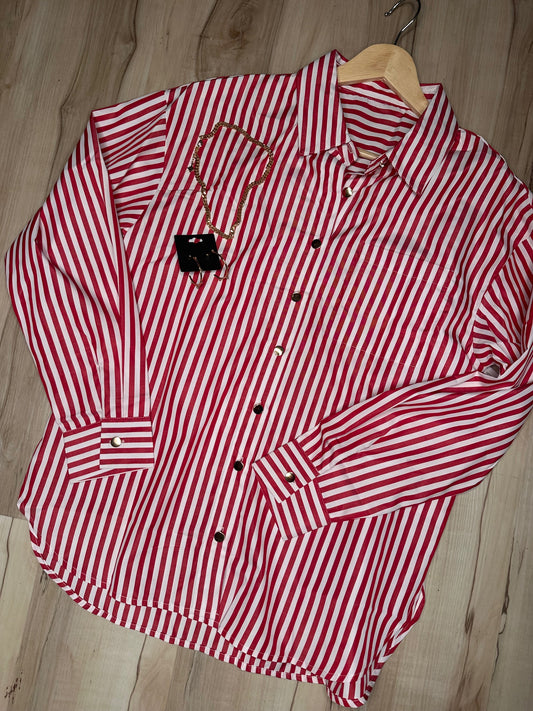 Oversized Button Down Shirt - Red Stripe