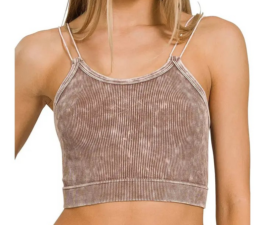 Acid Wash Double Strap Tank Top - Mocha