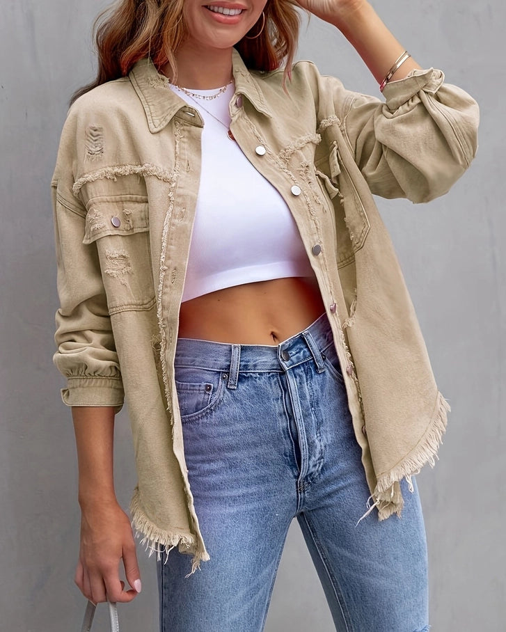 Ripped Denim Shacket - Khaki