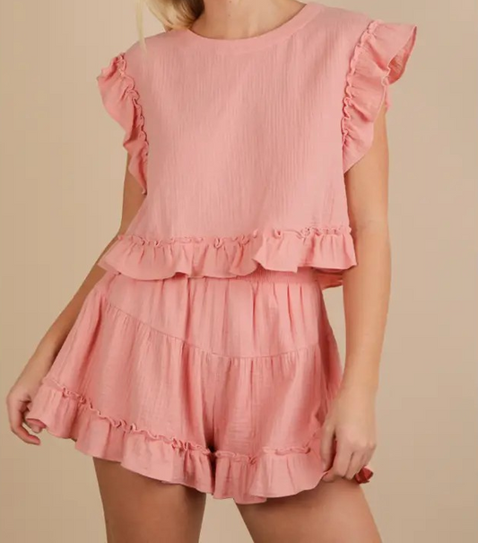 Ruffled Top and Shorts Set - Blush
