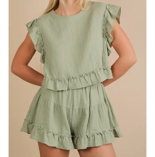 Ruffled Top and Shorts Set - Sage