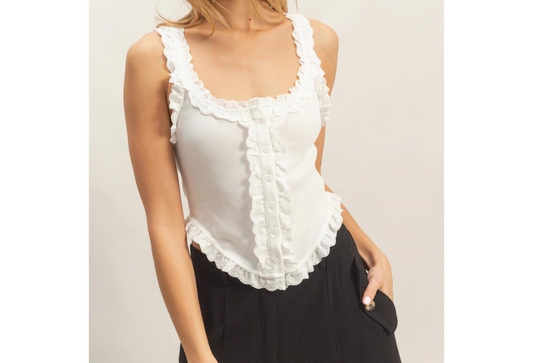 Ruffle Trim Tank Top - White