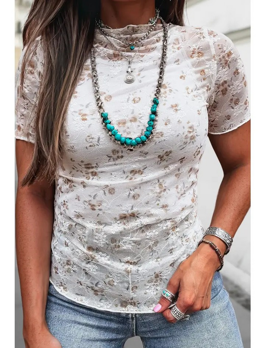 Short Sleeve Mesh Top - Floral Print