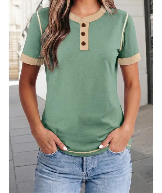 Short Sleeve Top with Patchwork Trim - Ocean Green