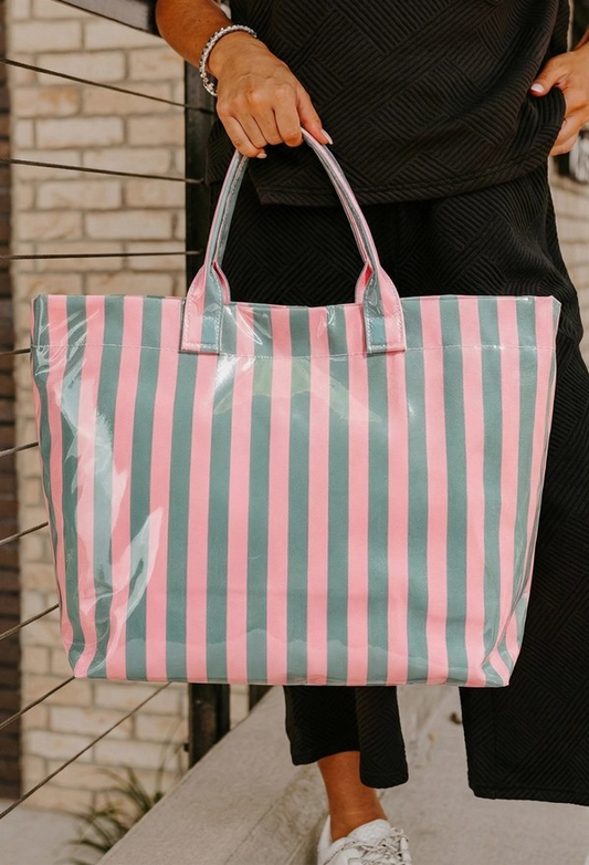 Striped Tote Bag - Green and Pink