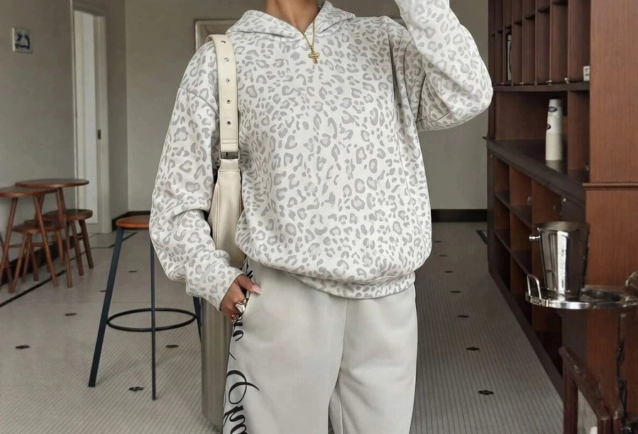 Hooded Sweatshirt - Gray Leopard