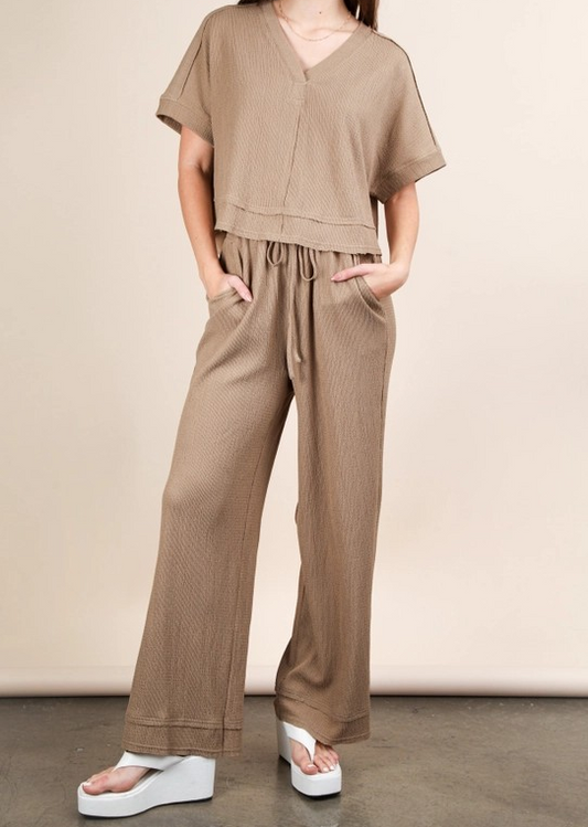Textured Knit Top and Pants Set - Mocha
