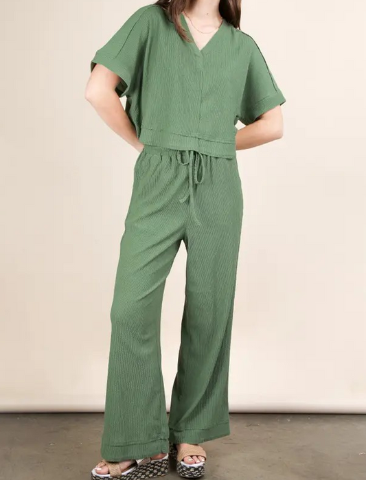Textured Knit Top and Pants Set - Sage