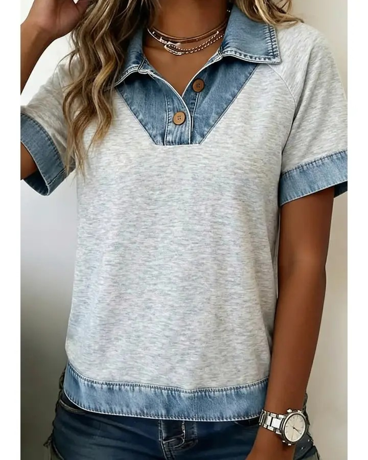 Short Sleeve Top with Denim Panels
