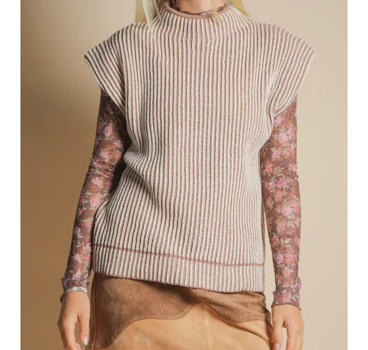 Two Tone Ribbed Knit Top - Mocha