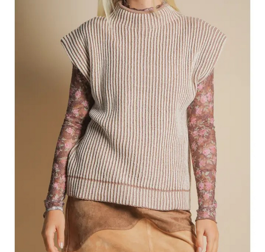 Two Tone Ribbed Knit Top - Mocha