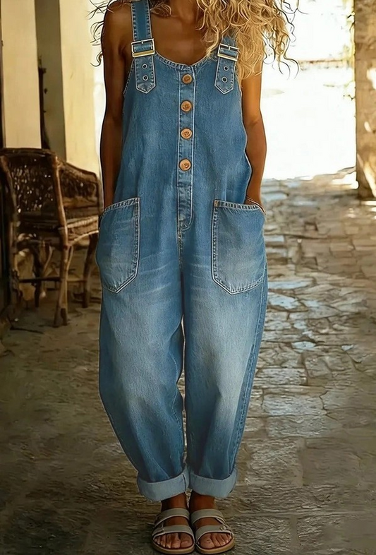 Washed Denim Jumpsuit - Blue